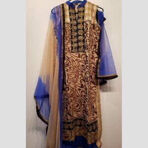 Blue Black and Beige Brown Chudidar Suit Indian Straight Style
